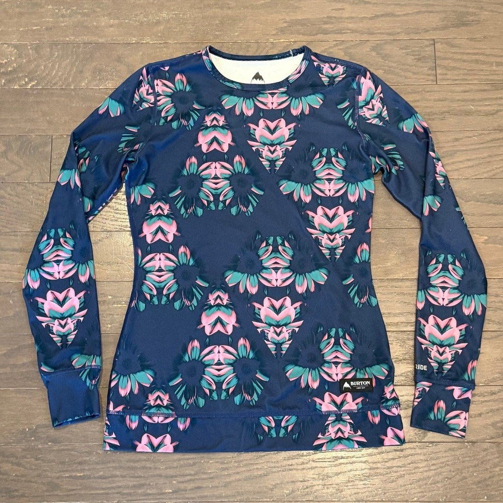 Burton DryRide Base Layer Top Womens Small Navy Floral Geometric Long Sleeve S
